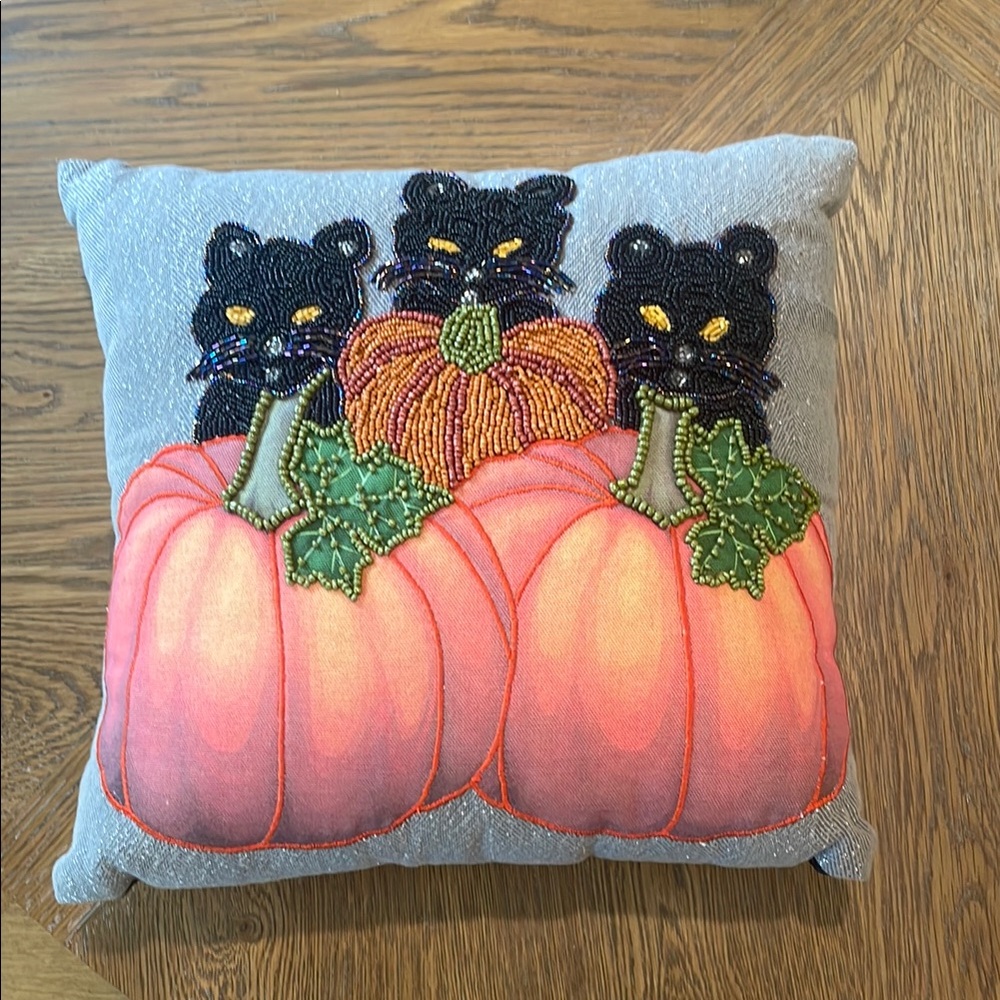 Festive Halloween Pillow with Beaded Cats and Pumpkins